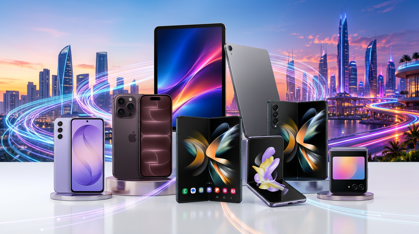 Collection of recent iPhone and Samsung phones, iPads, and tablets